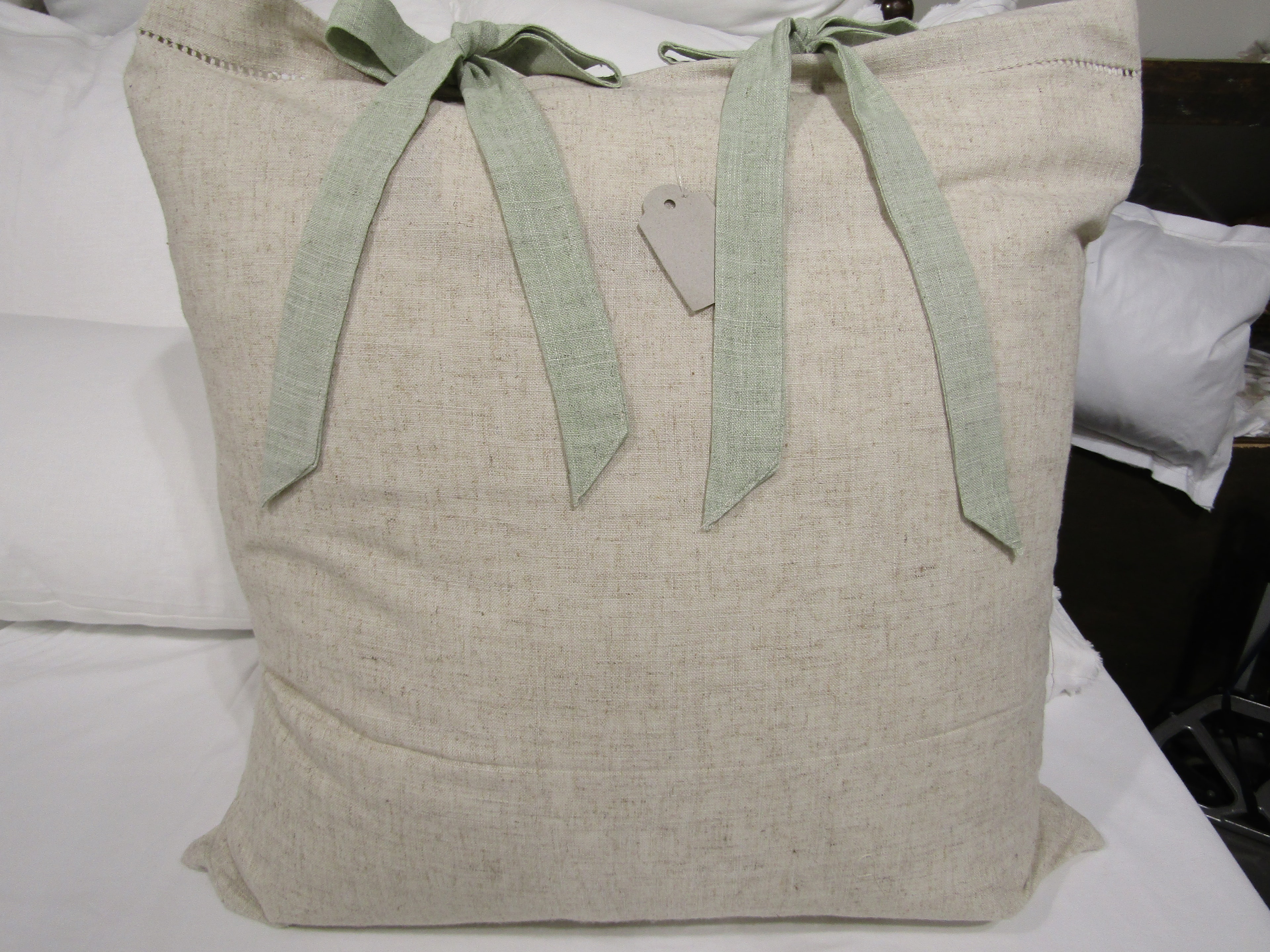 Linen mix square pillow with sage green ties