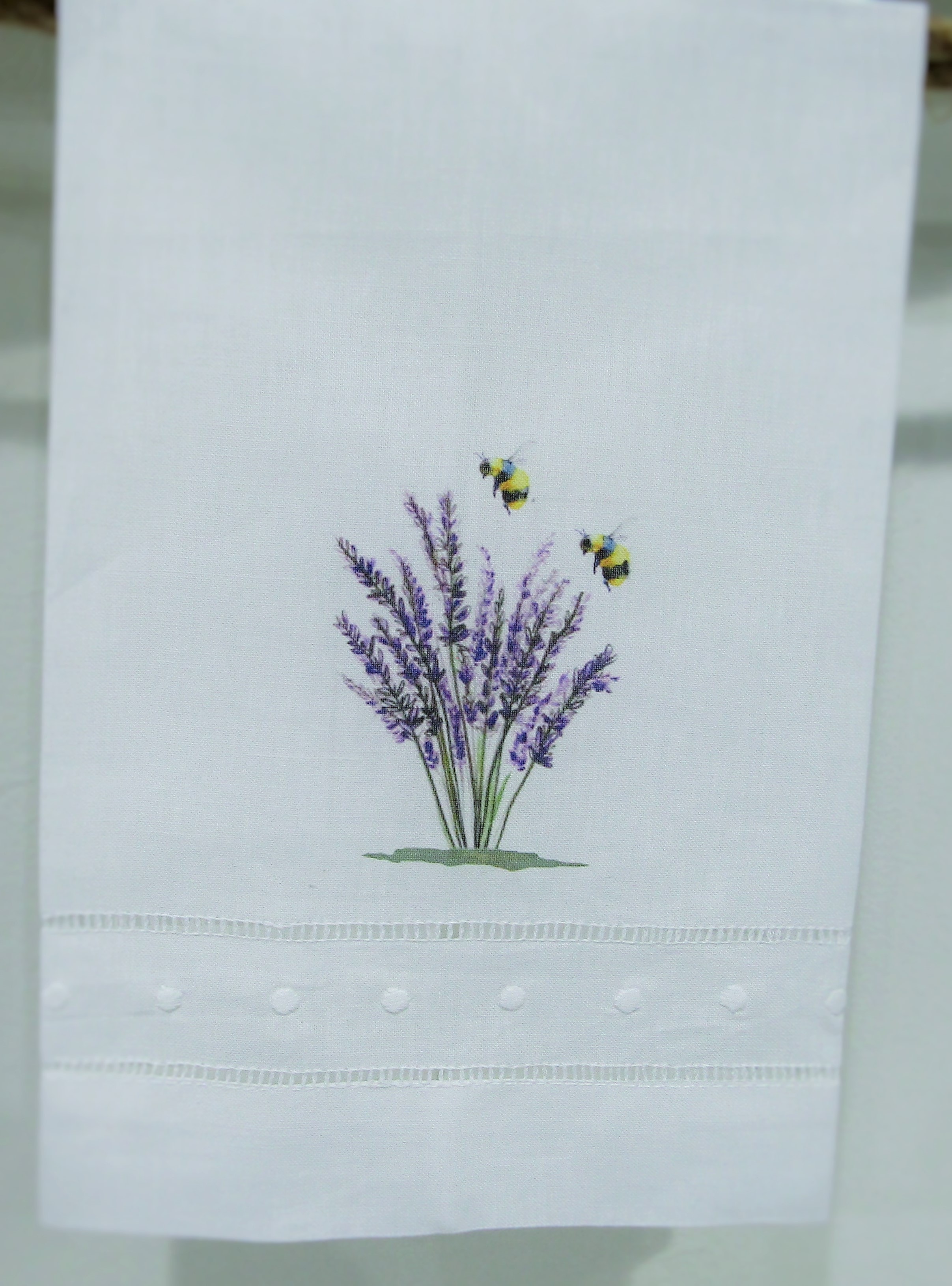 Locally printed kitchen towel with lavender bunch and bumblebees