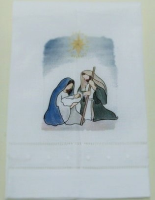 Locally printed kitchen towel with Holy Family nativity scene